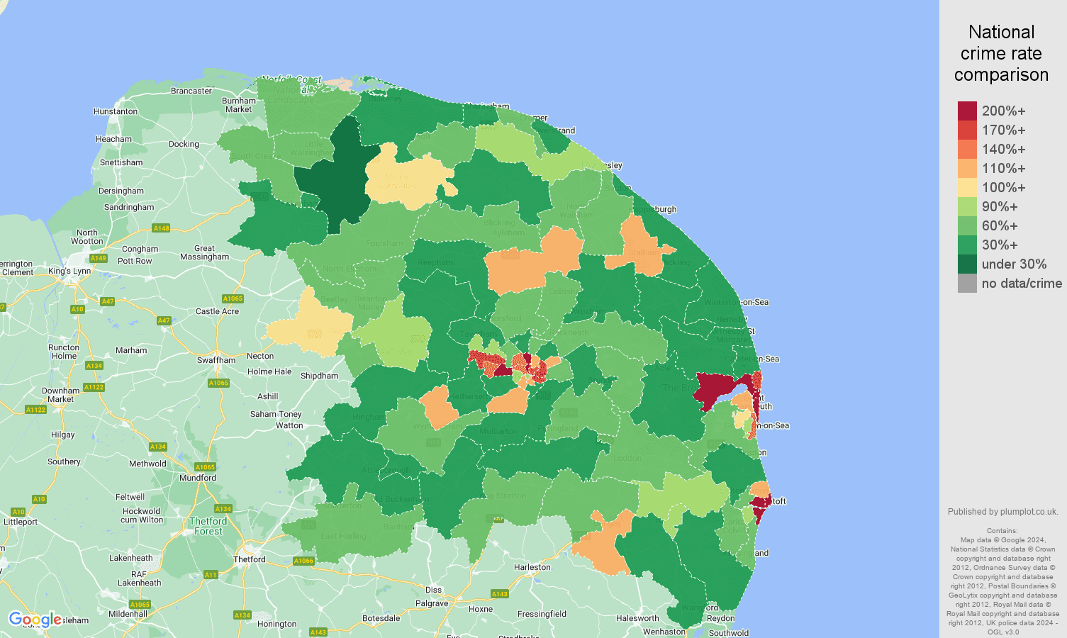 Norwich criminal damage and arson crime rate comparison map