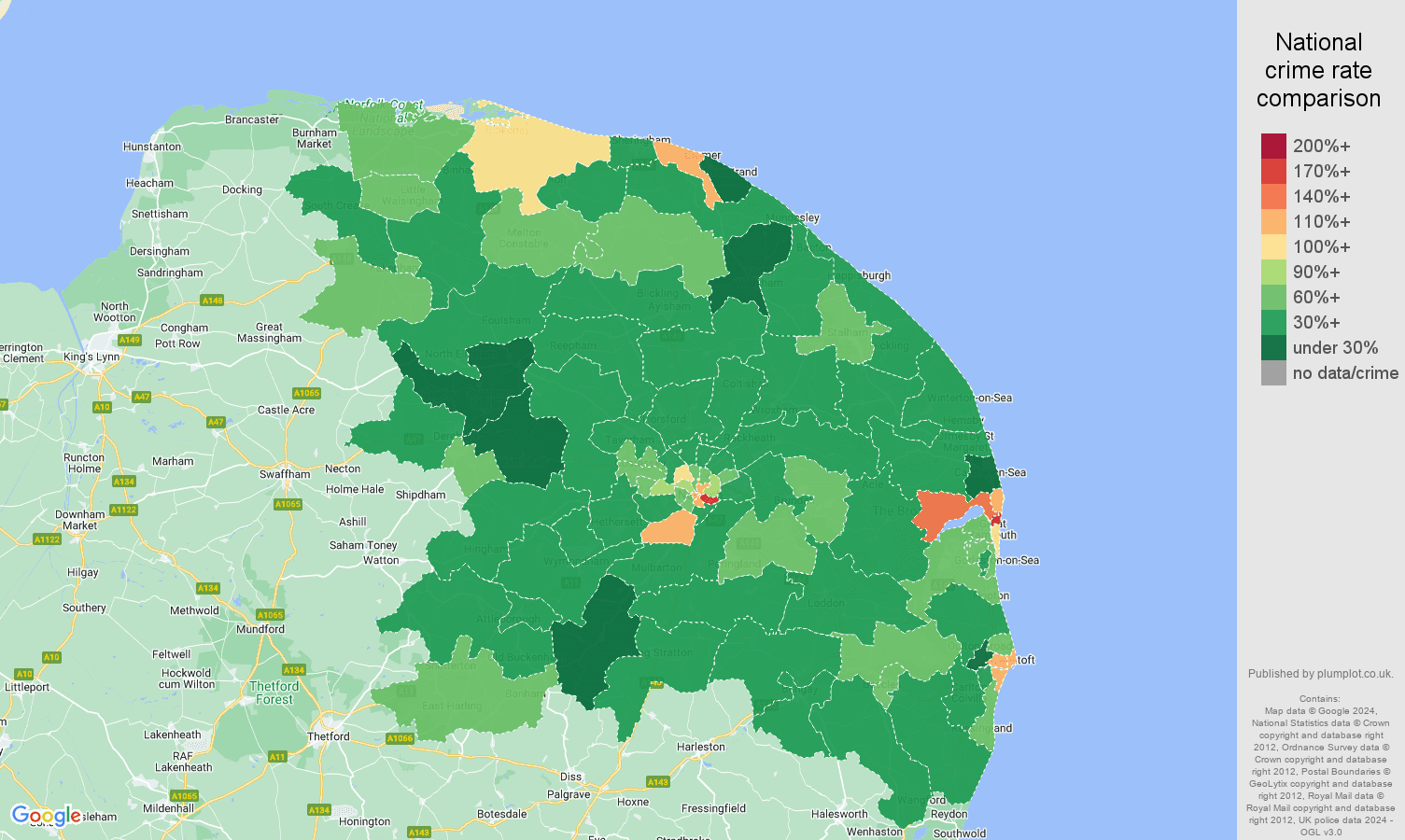 Norwich other theft crime rate comparison map