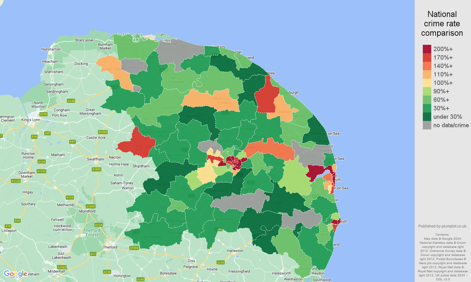 Norwich possession of weapons crime rate comparison map