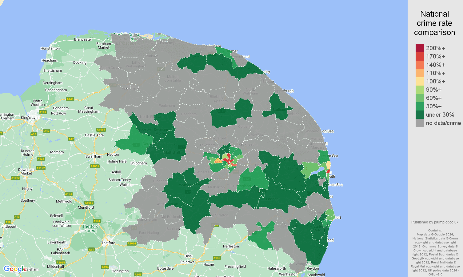 Norwich robbery crime rate comparison map