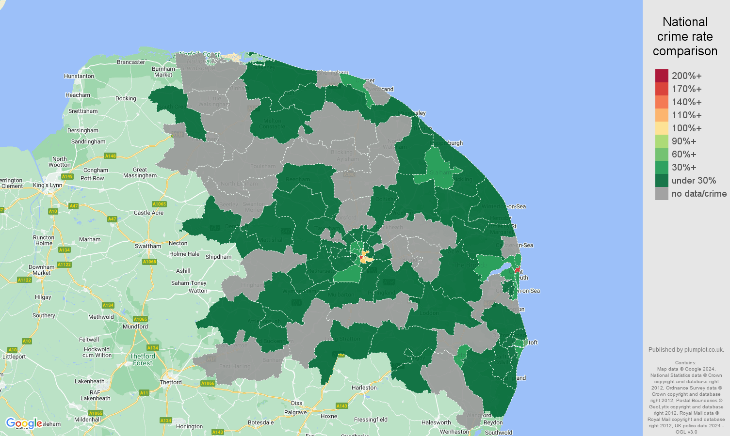 Norwich theft from the person crime rate comparison map