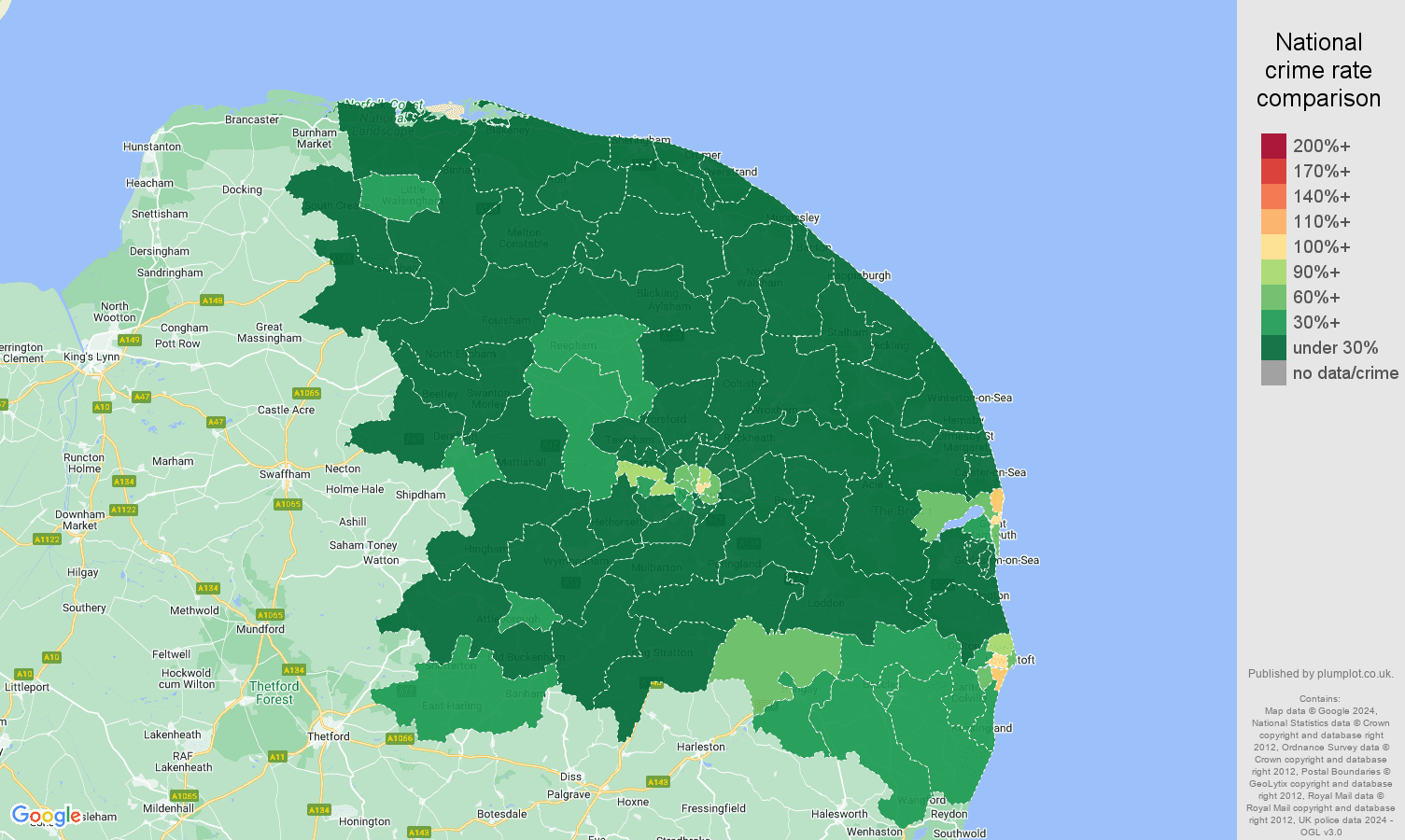 Norwich vehicle crime rate comparison map