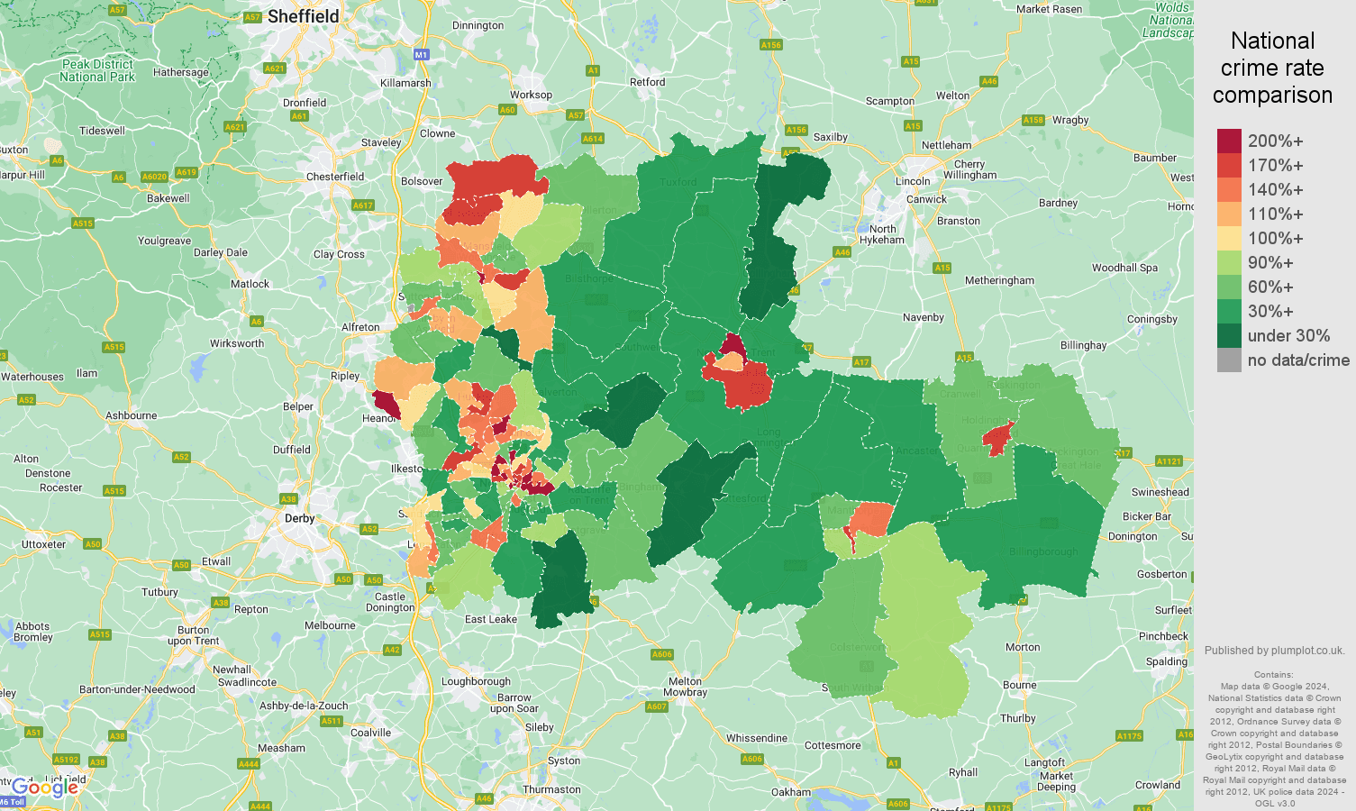 Nottingham antisocial behaviour crime rate comparison map