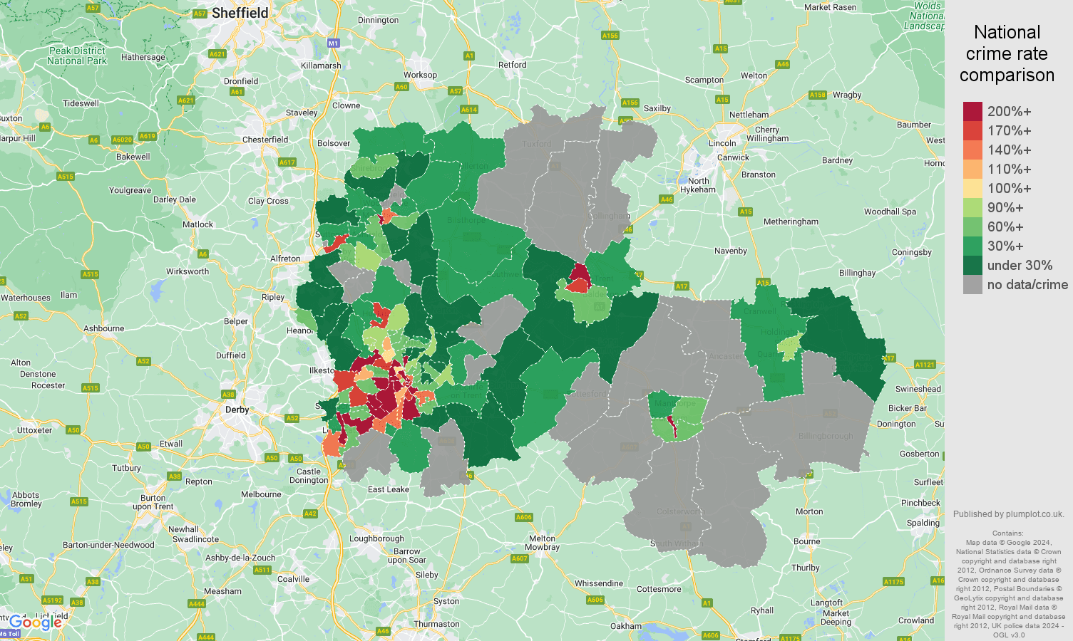 Nottingham bicycle theft crime rate comparison map