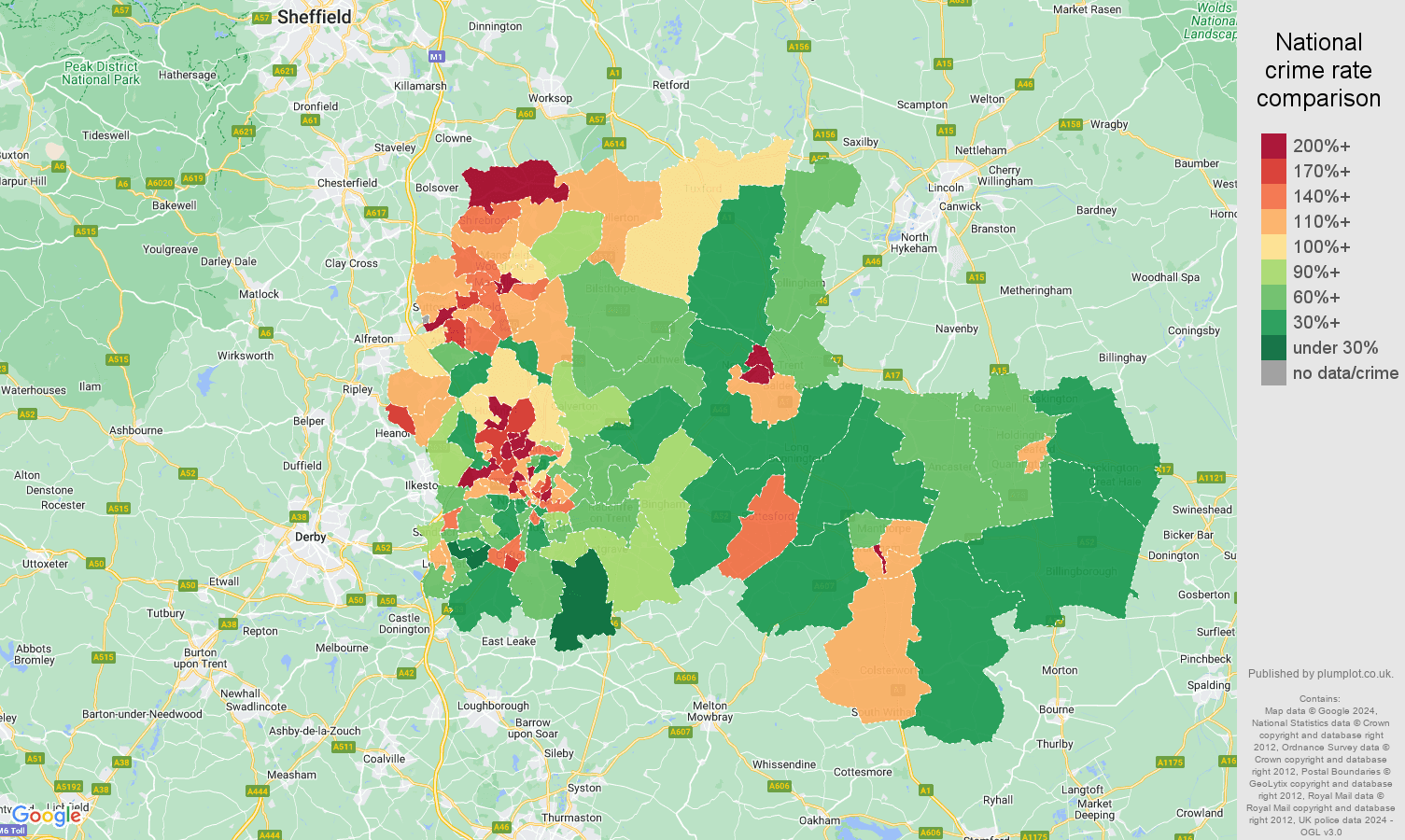 Nottingham criminal damage and arson crime rate comparison map