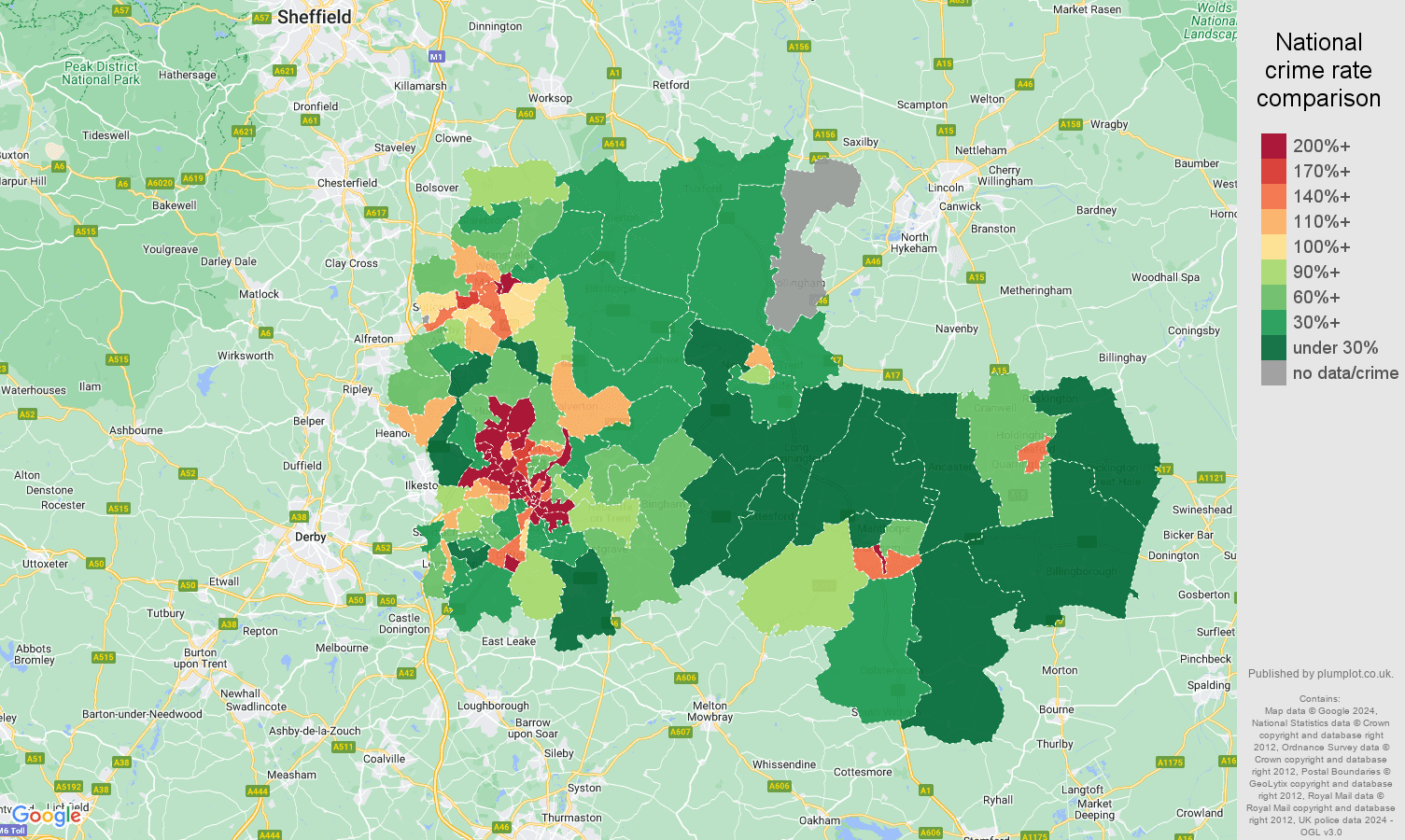 Nottingham drugs crime rate comparison map