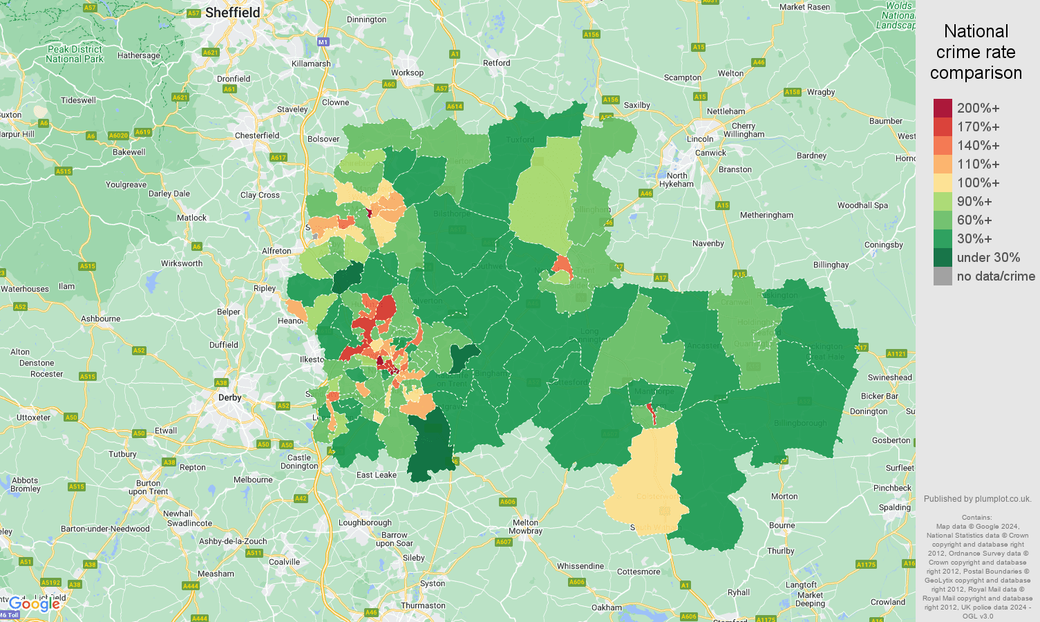 Nottingham other theft crime rate comparison map