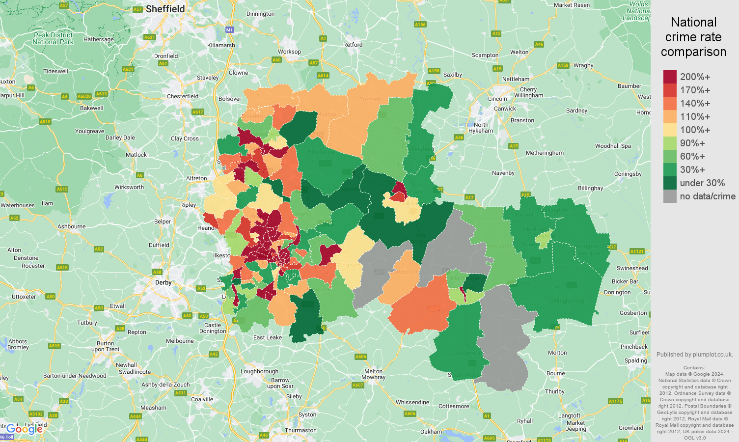 Nottingham possession of weapons crime rate comparison map