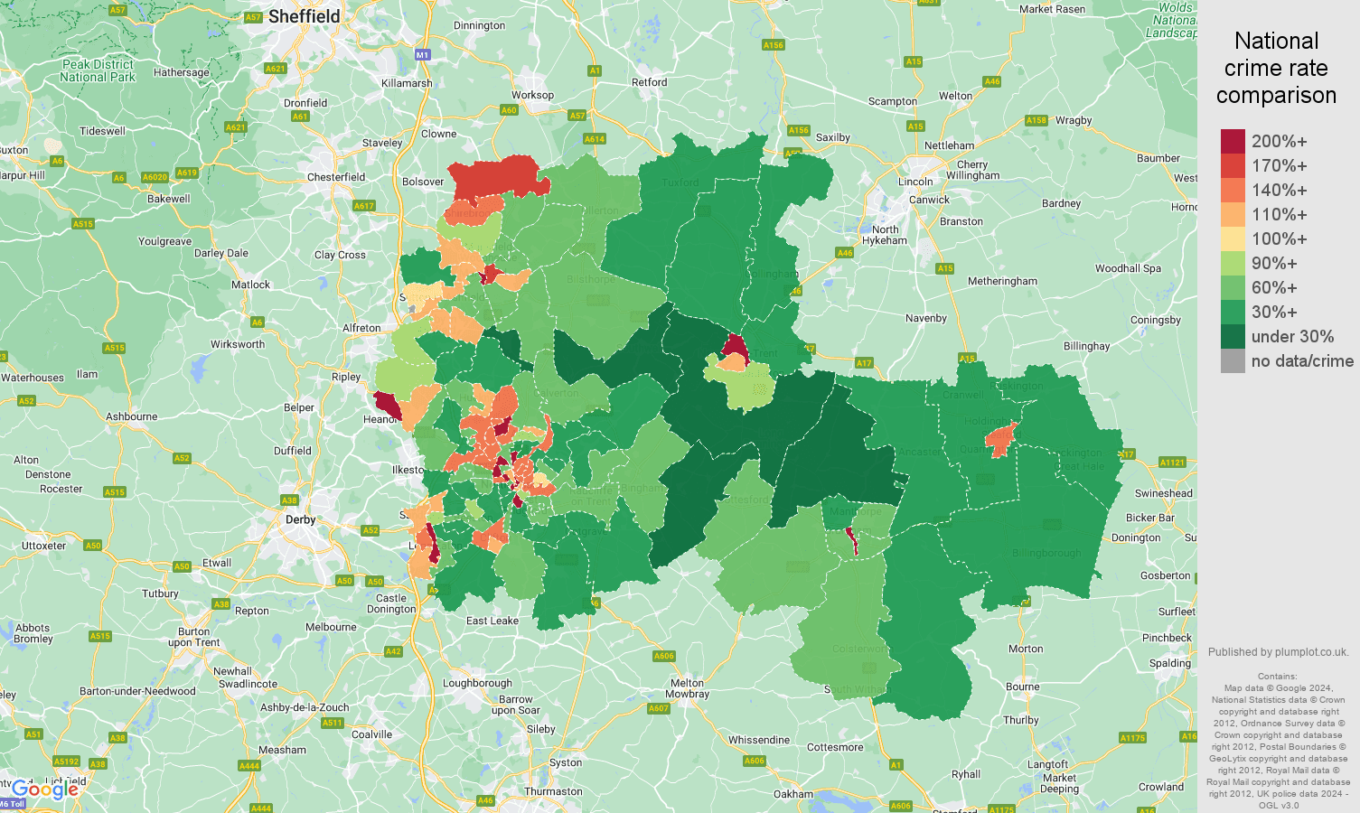 Nottingham public order crime rate comparison map