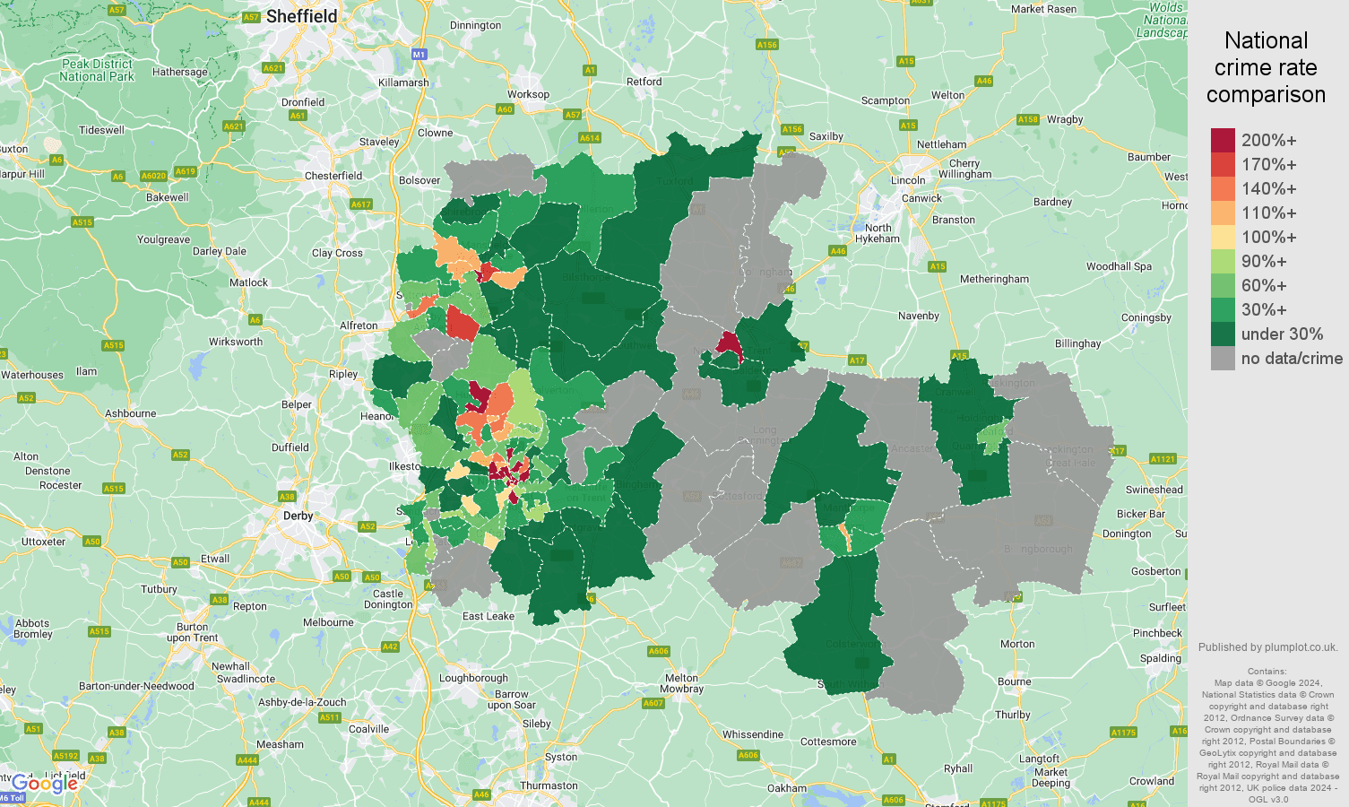 Nottingham robbery crime rate comparison map
