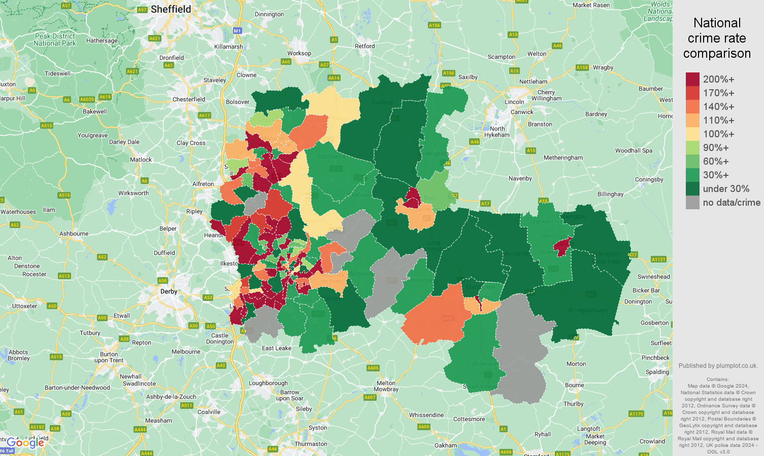 Nottingham shoplifting crime rate comparison map