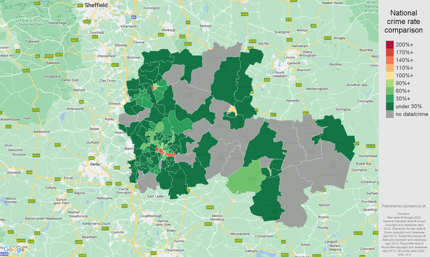 Nottingham theft from the person crime rate comparison map