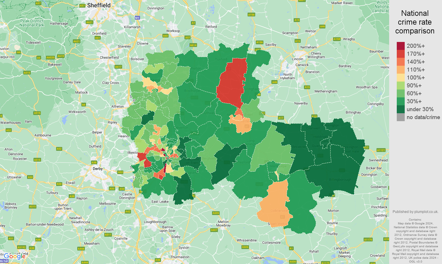 Nottingham vehicle crime rate comparison map