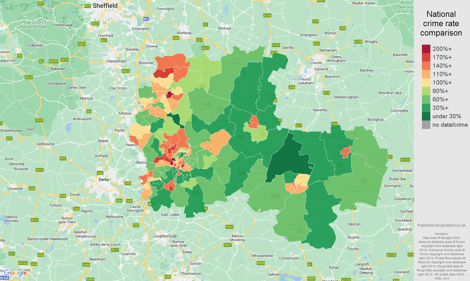 Nottingham violent crime rate comparison map