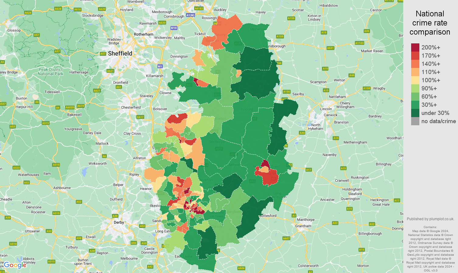 Nottinghamshire antisocial behaviour crime rate comparison map