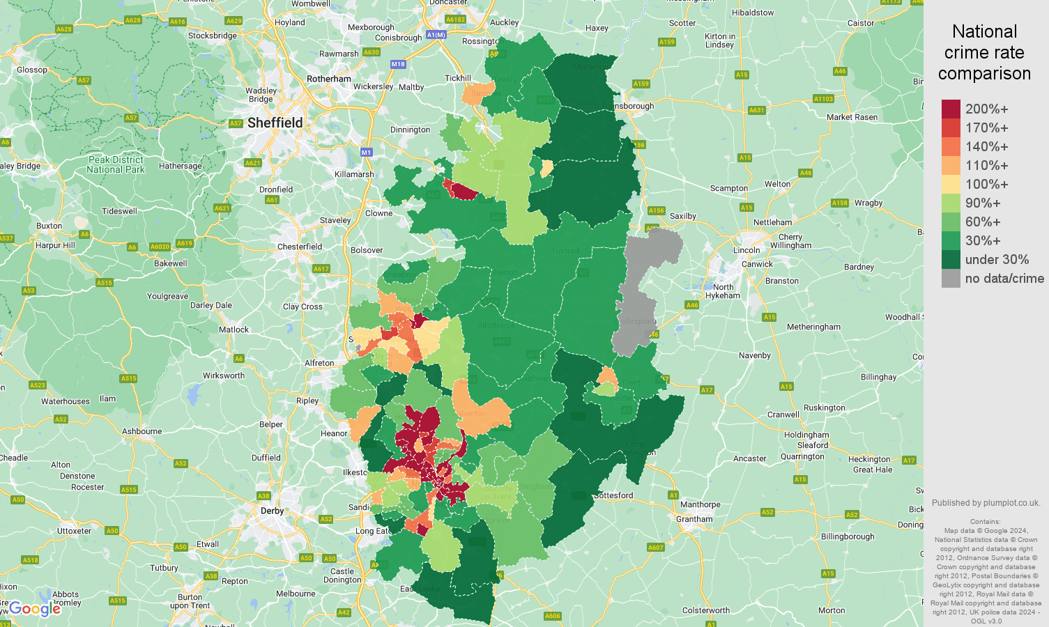 Nottinghamshire drugs crime rate comparison map