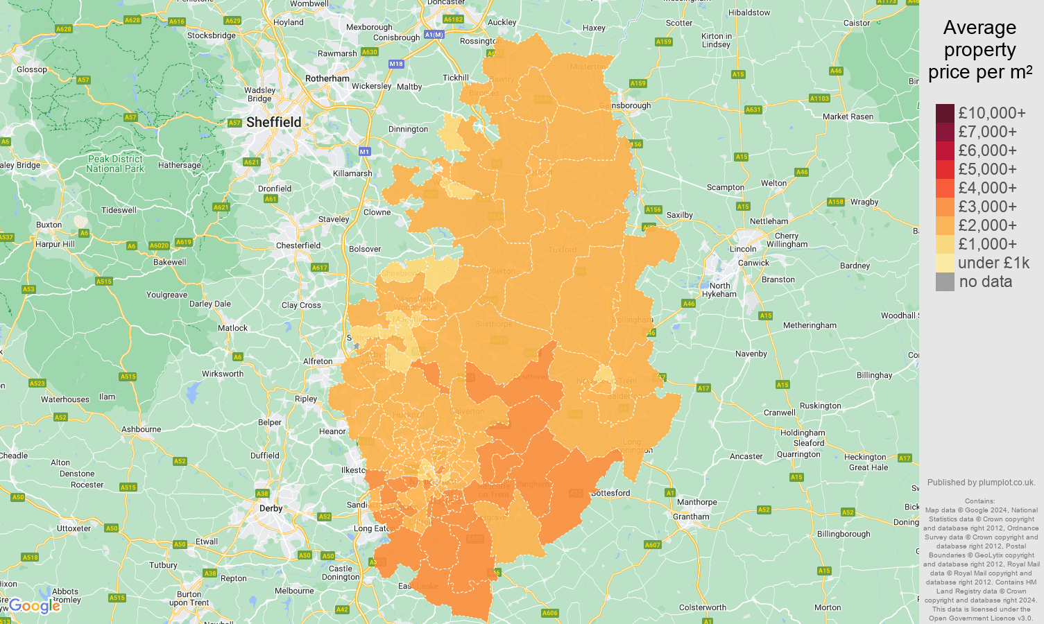 Nottinghamshire house prices per square metre map