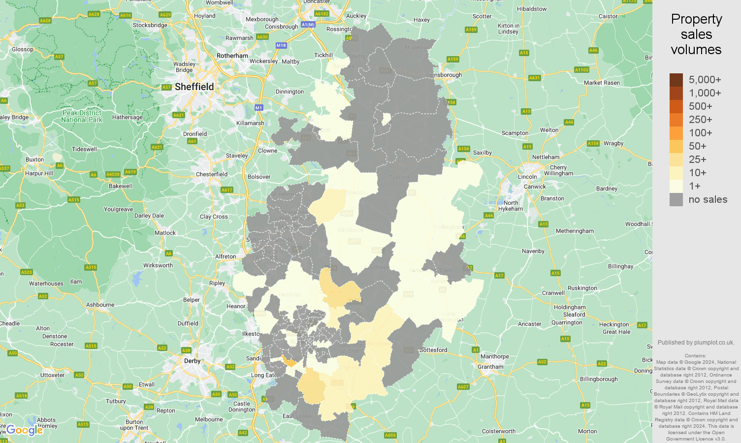 Nottinghamshire map of sales of new properties