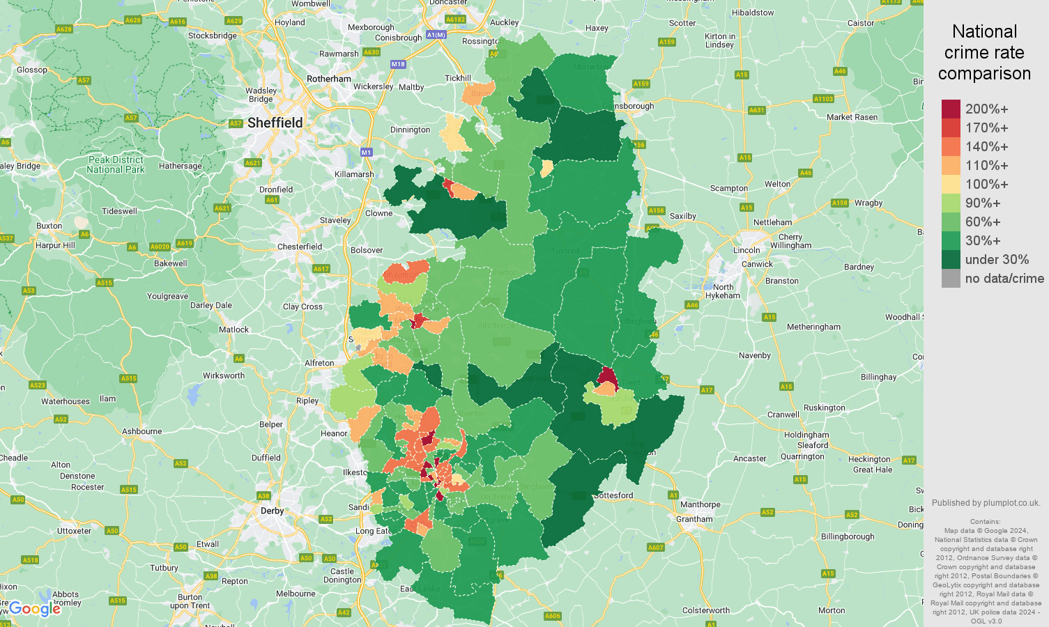 Nottinghamshire public order crime rate comparison map