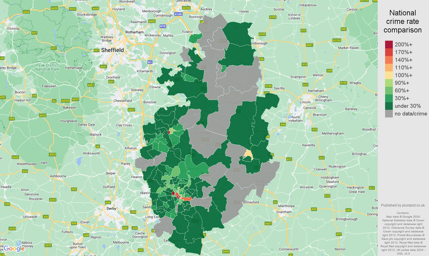 Nottinghamshire theft from the person crime rate comparison map