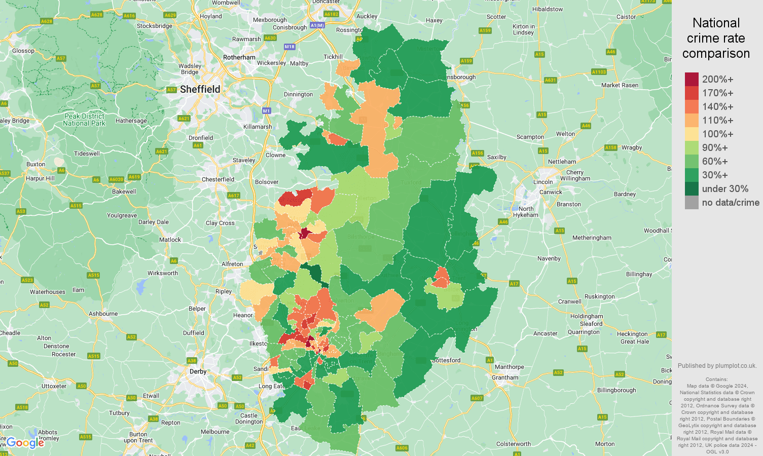 Nottinghamshire violent crime rate comparison map