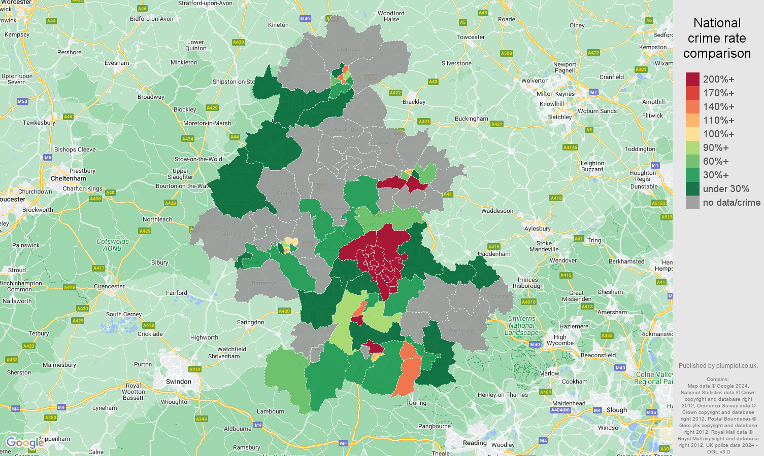 Oxford bicycle theft crime rate comparison map
