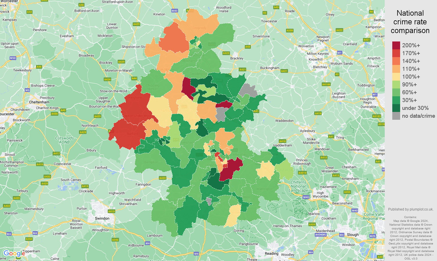 Oxford burglary crime rate comparison map