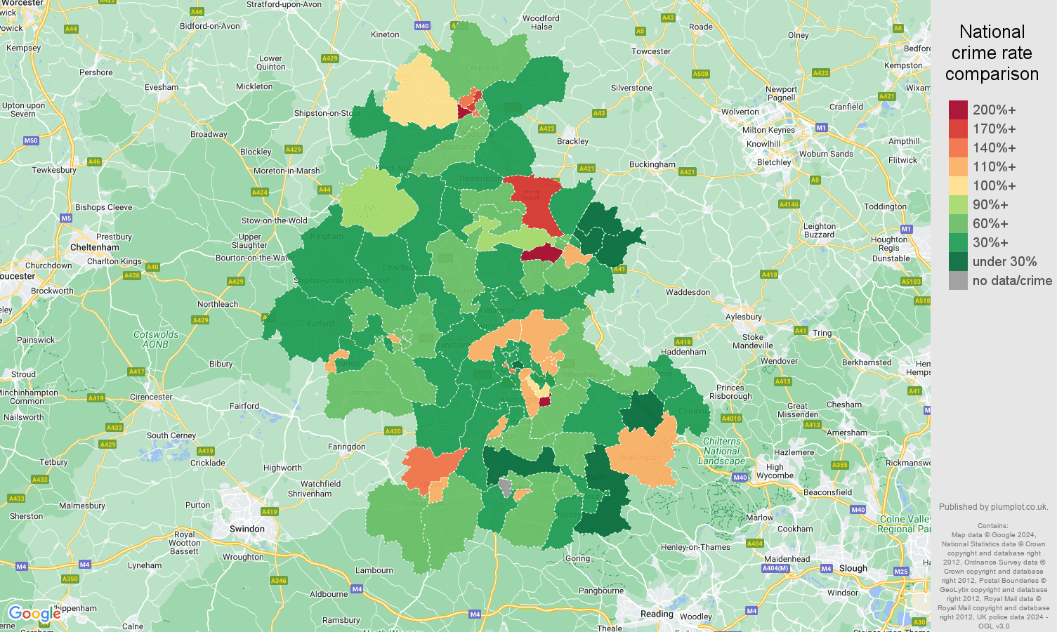 Oxford criminal damage and arson crime rate comparison map
