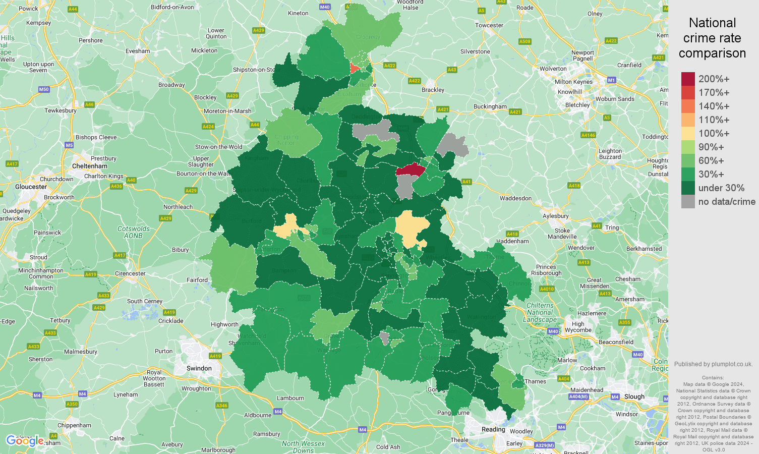 Oxfordshire antisocial behaviour crime rate comparison map