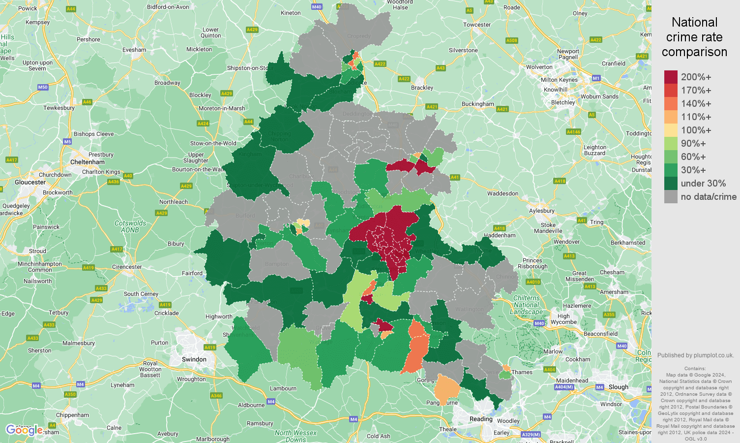 Oxfordshire bicycle theft crime rate comparison map