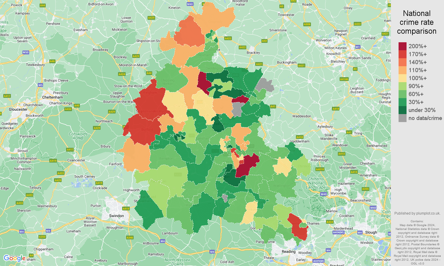 Oxfordshire burglary crime rate comparison map