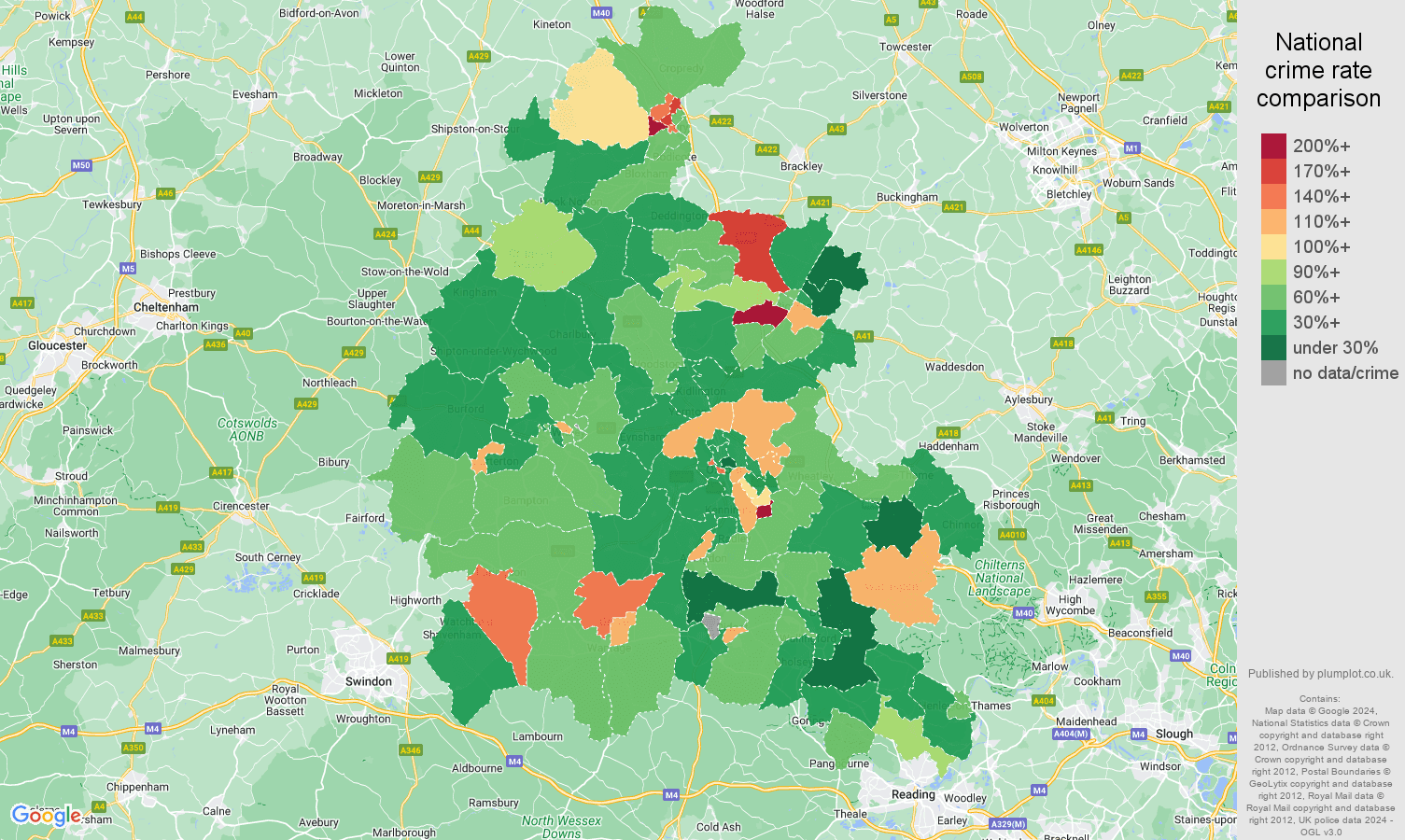 Oxfordshire criminal damage and arson crime rate comparison map