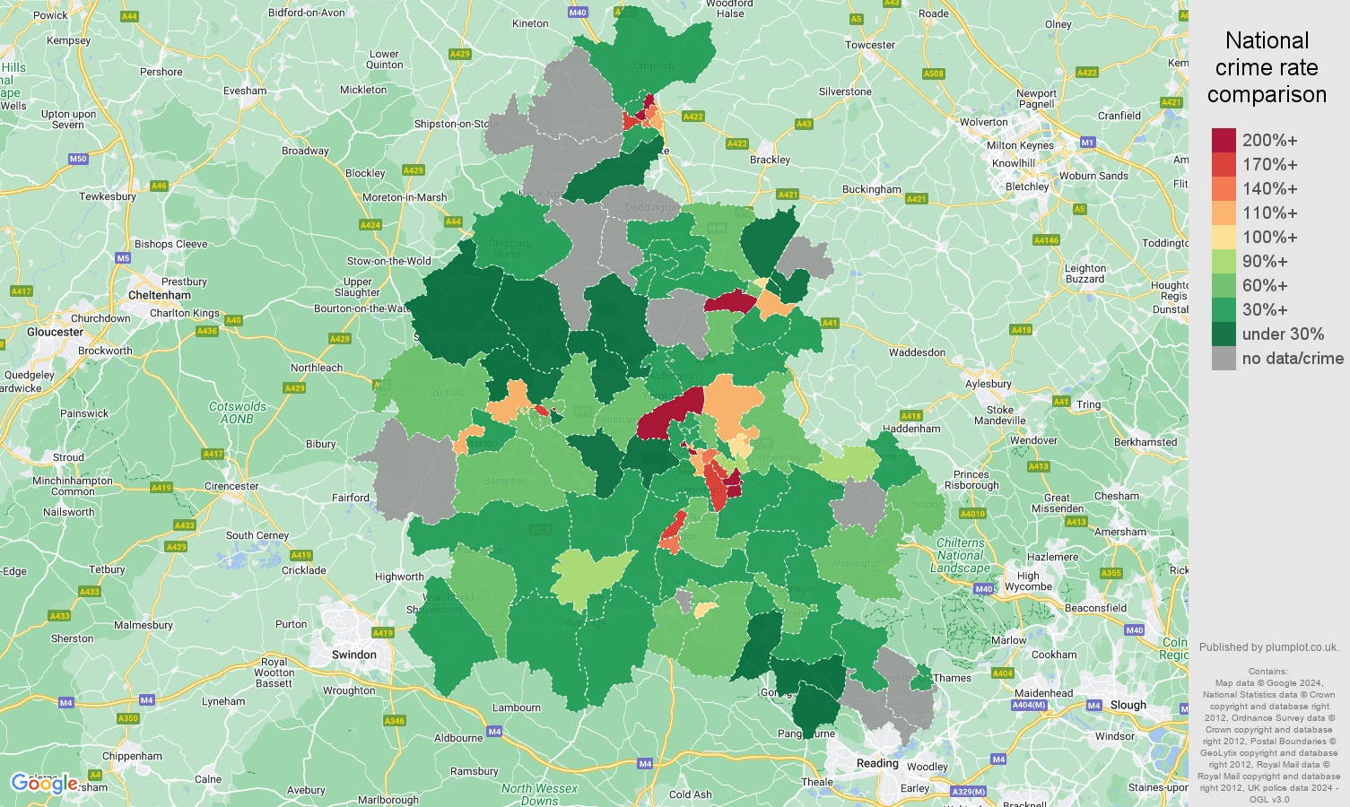 Oxfordshire drugs crime rate comparison map