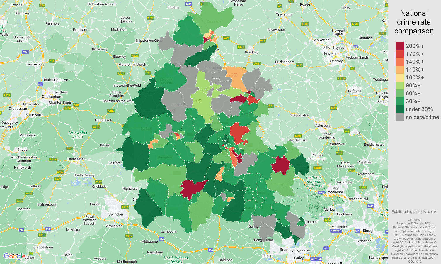 Oxfordshire possession of weapons crime rate comparison map