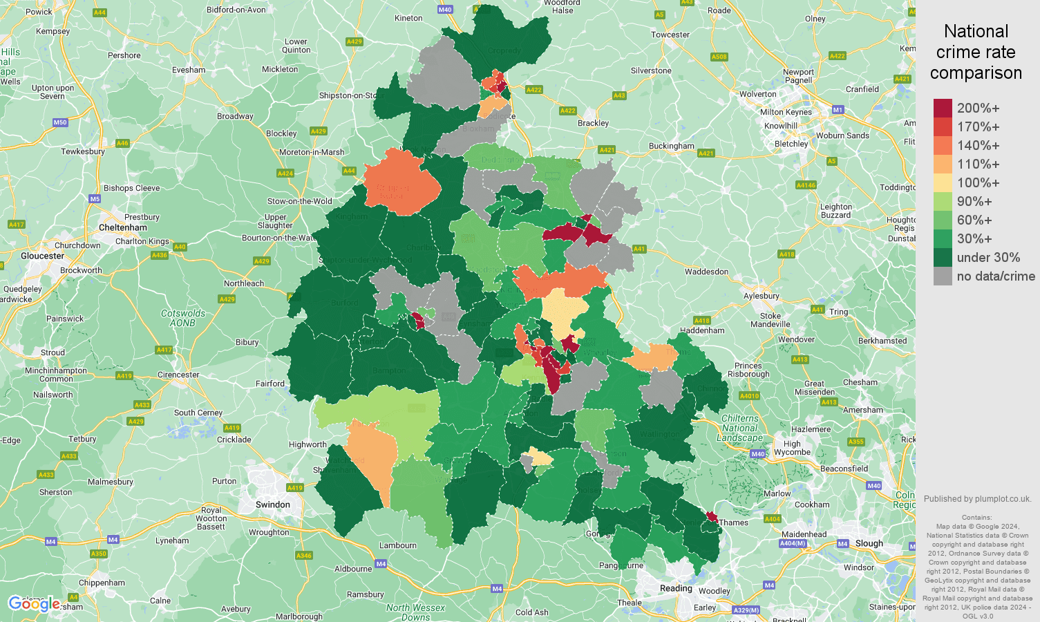 Oxfordshire shoplifting crime rate comparison map