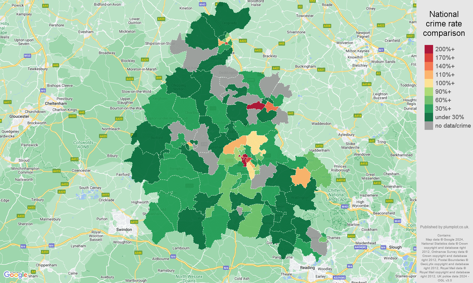 Oxfordshire theft from the person crime rate comparison map