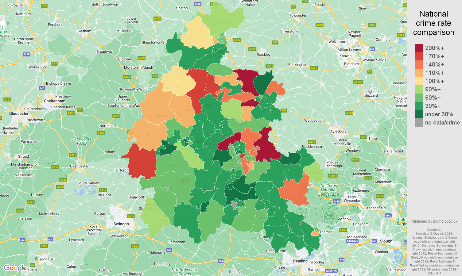 Oxfordshire vehicle crime rate comparison map