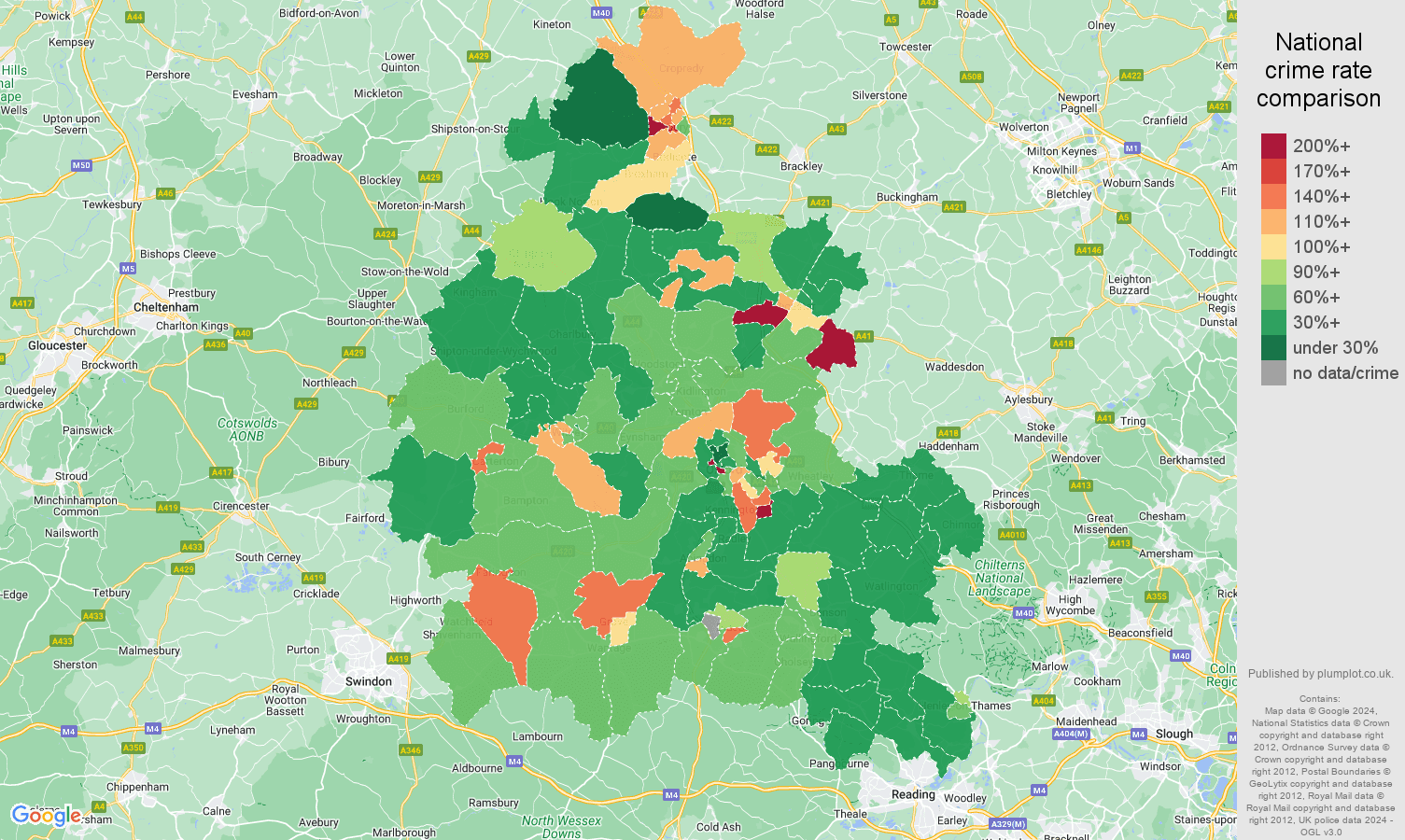 Oxfordshire violent crime rate comparison map