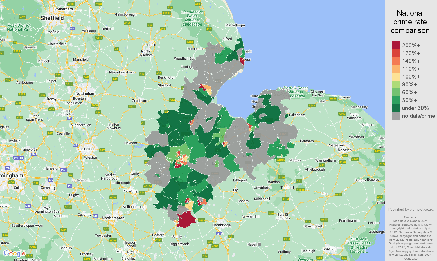 Peterborough bicycle theft crime rate comparison map