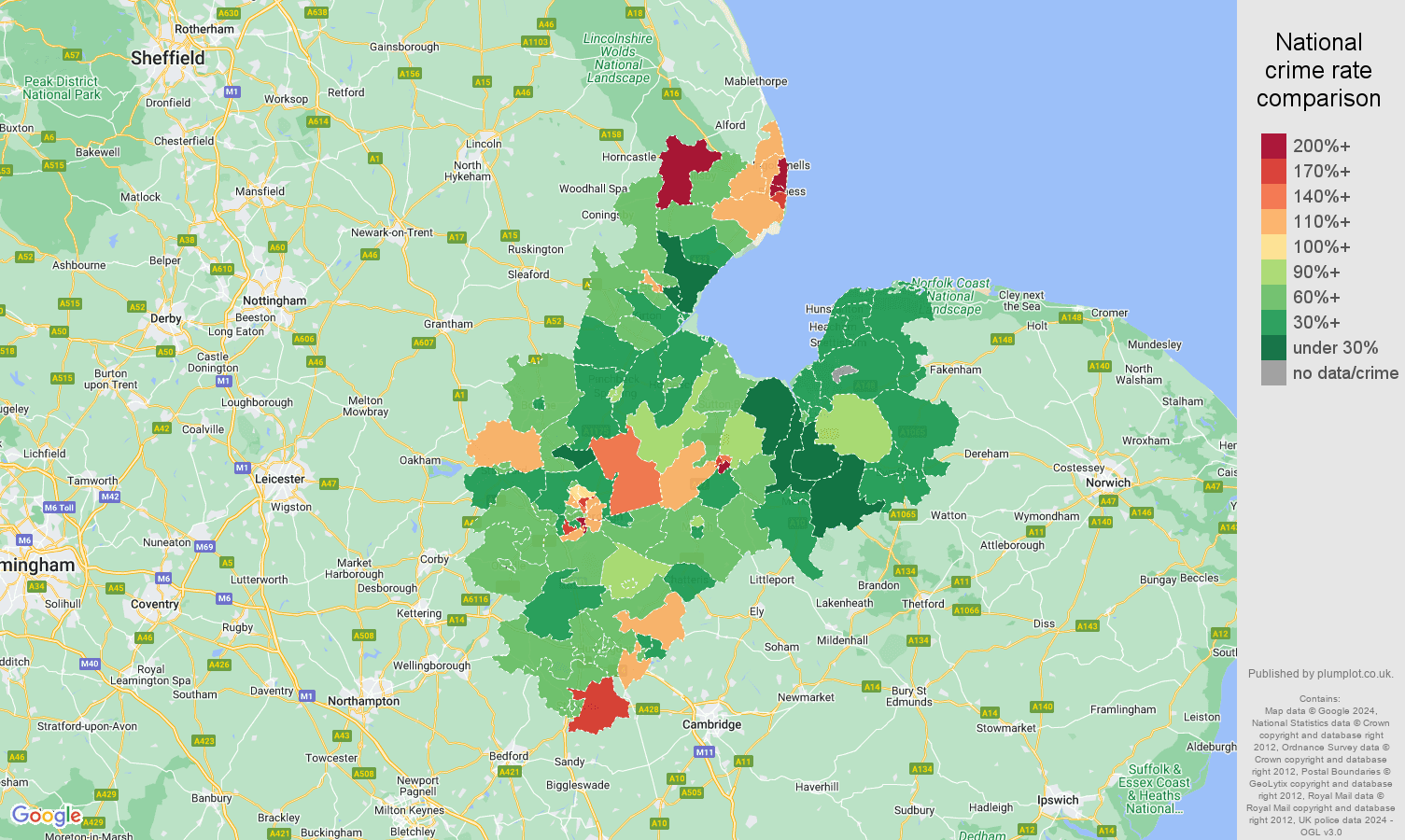 Peterborough burglary crime rate comparison map