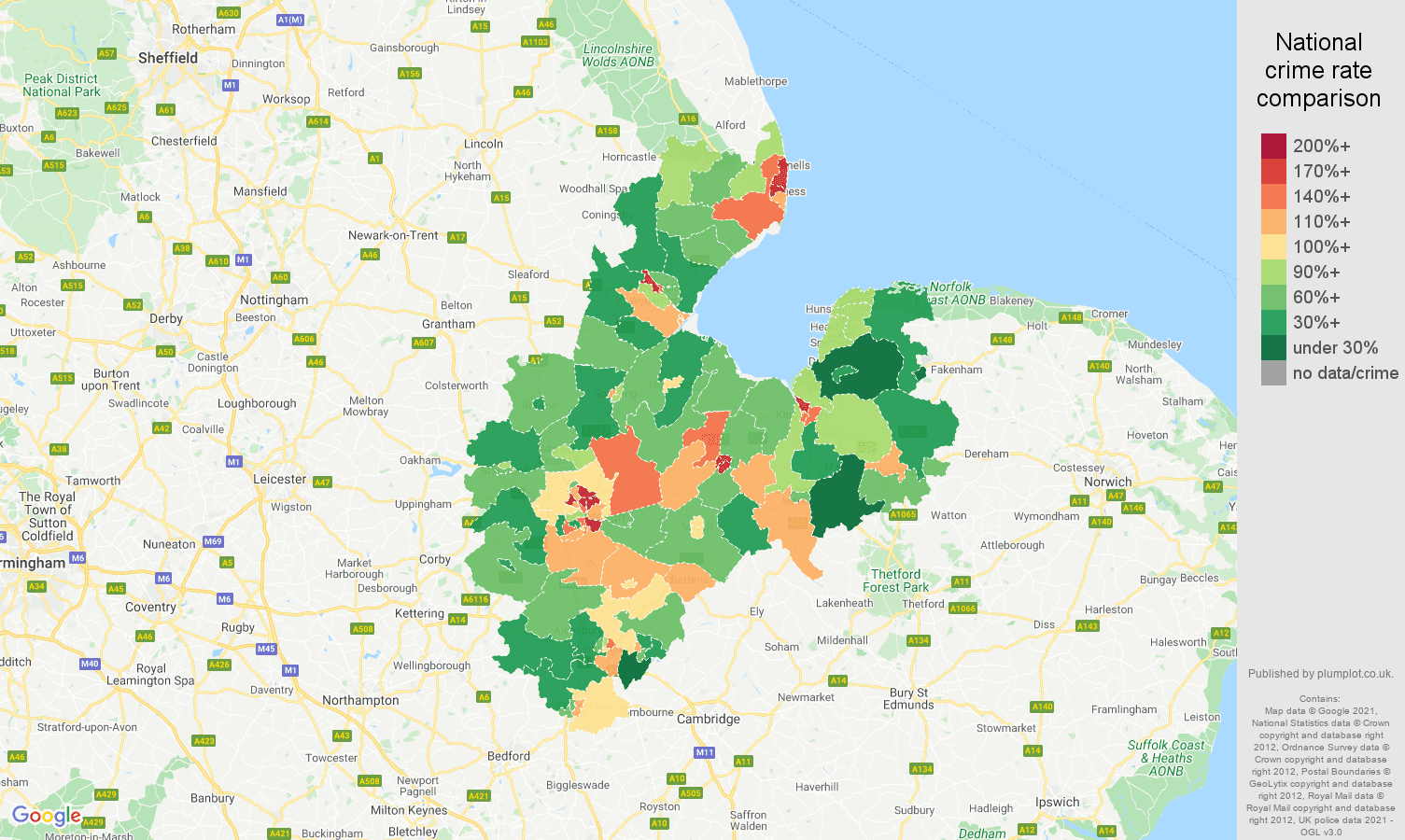 Peterborough criminal damage and arson crime rate comparison map
