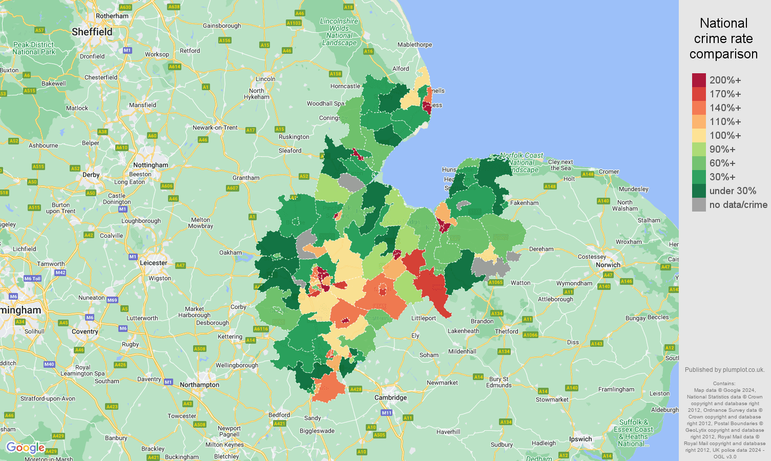 Peterborough possession of weapons crime rate comparison map