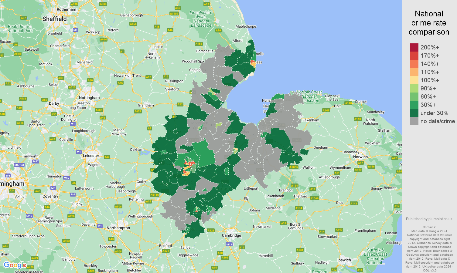Peterborough robbery crime rate comparison map