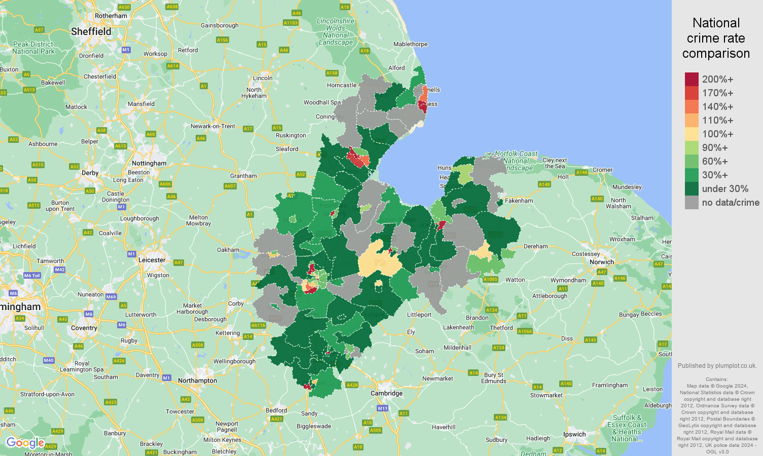 Peterborough shoplifting crime rate comparison map