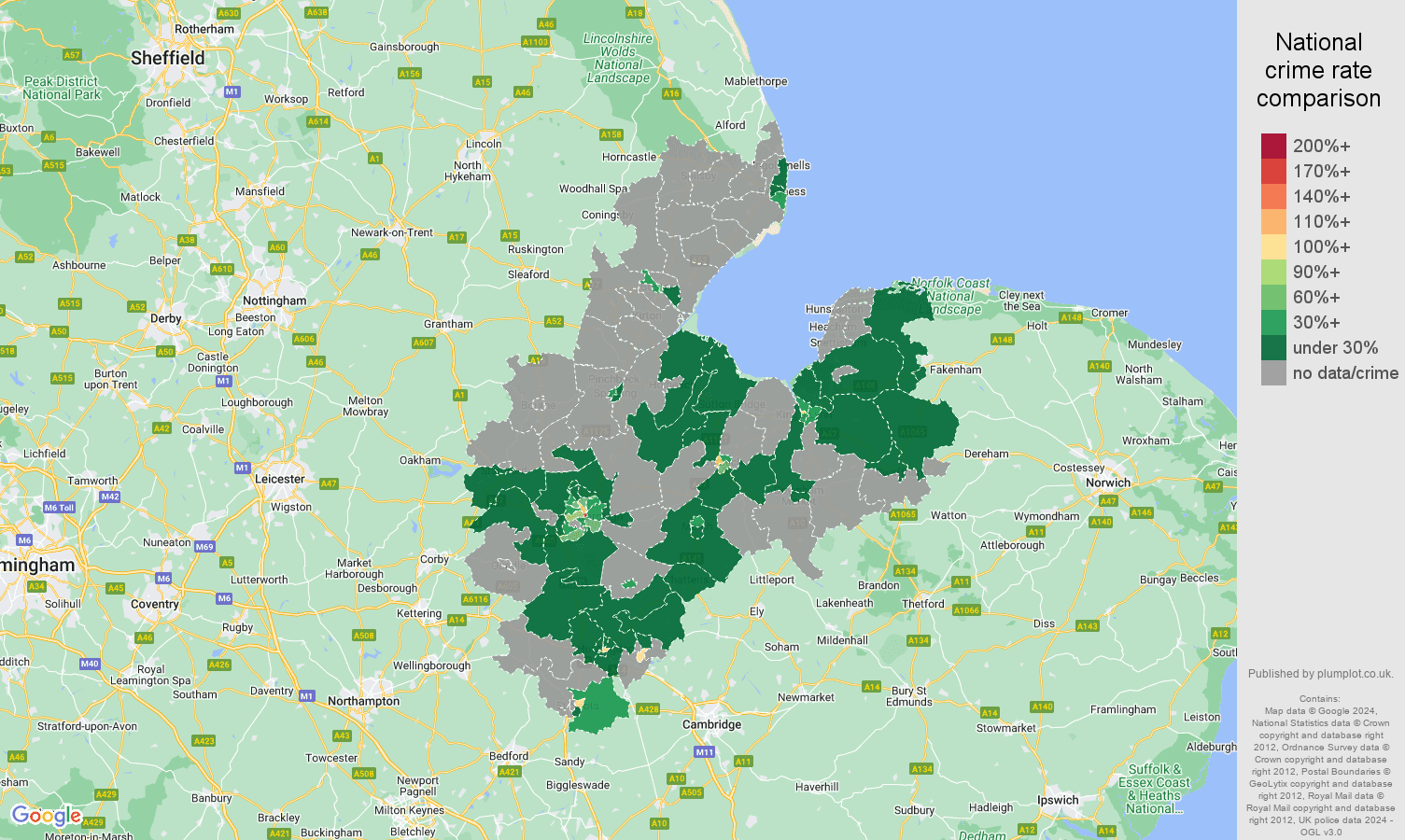 Peterborough theft from the person crime rate comparison map
