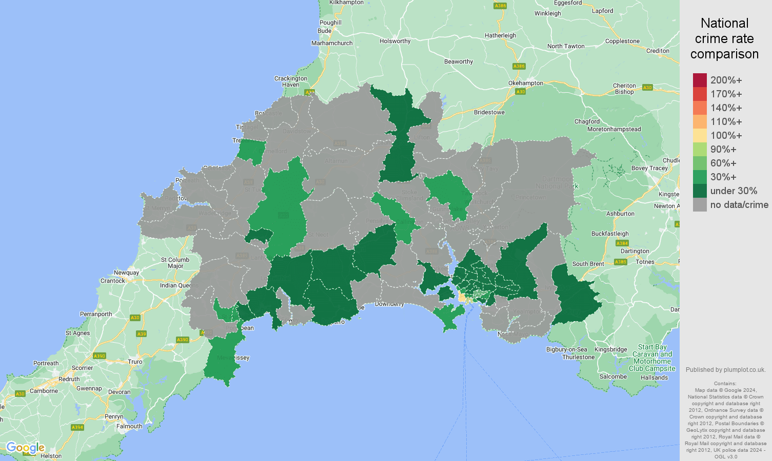 Plymouth bicycle theft crime rate comparison map