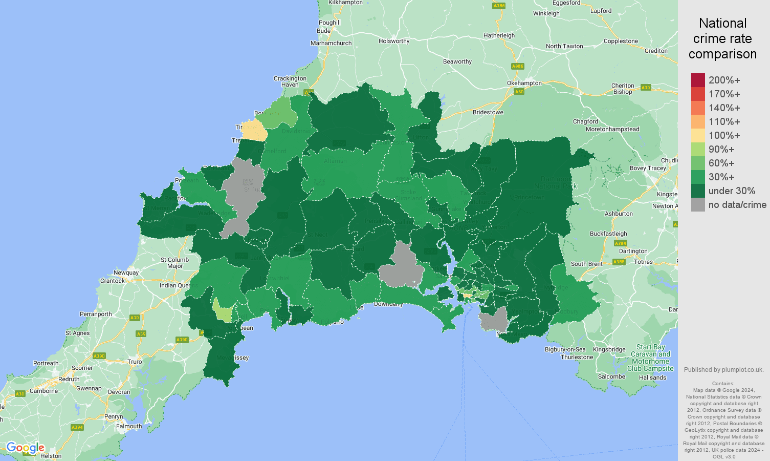 Plymouth burglary crime rate comparison map