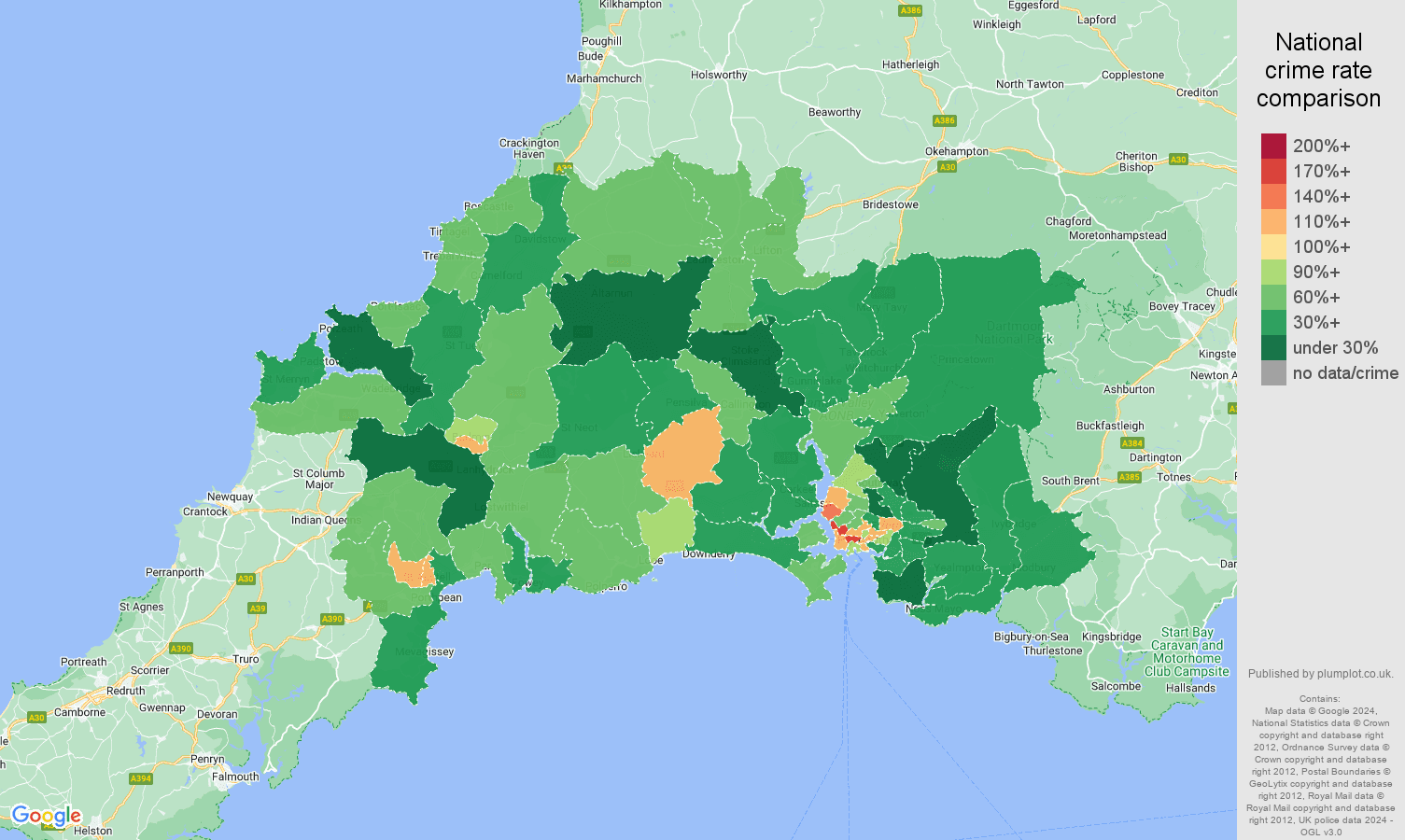 Plymouth criminal damage and arson crime rate comparison map