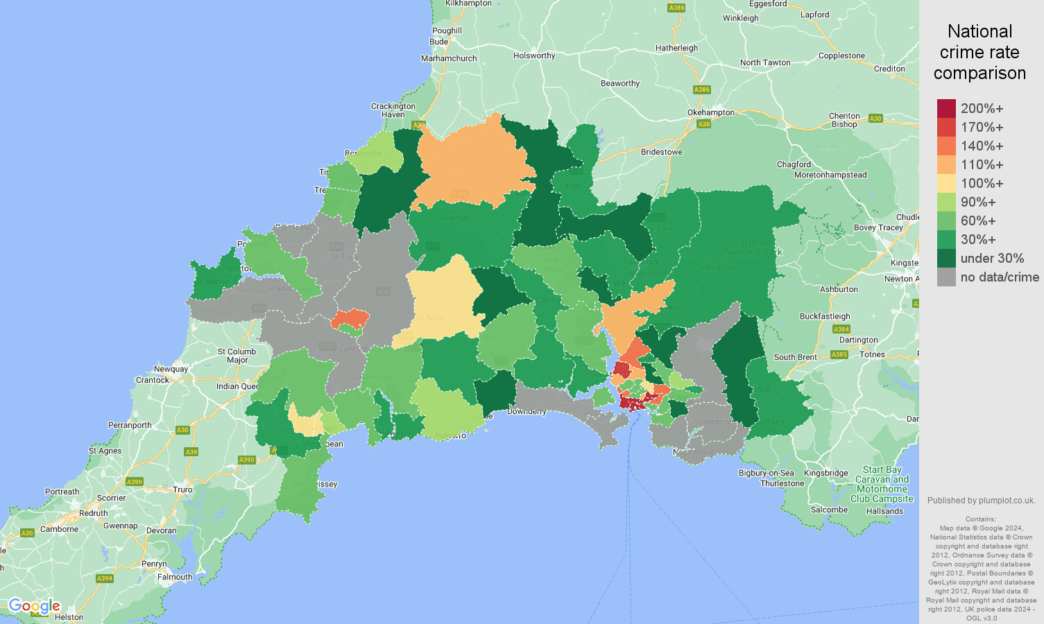 Plymouth possession of weapons crime rate comparison map