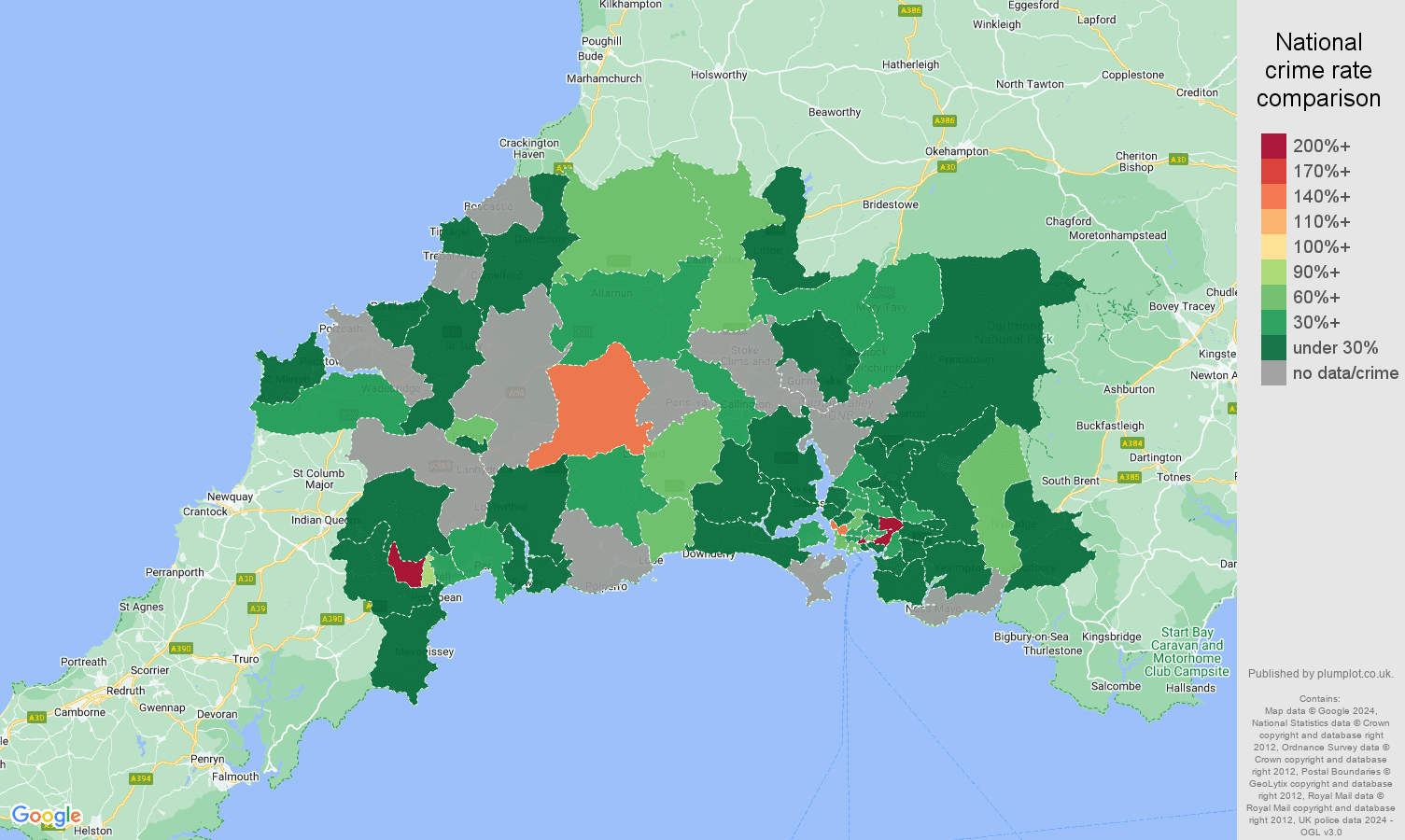 Plymouth shoplifting crime rate comparison map
